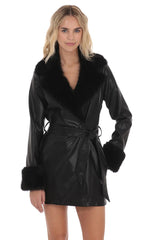Faux Fur Leather Trench in Black
