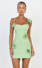 Ondine Mini Dress - 3D Floral Strappy Dress in Apple Green