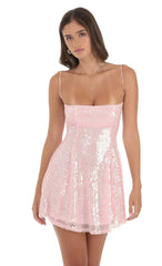 Iridescent Sequin Fit and Flare Dress in Pink