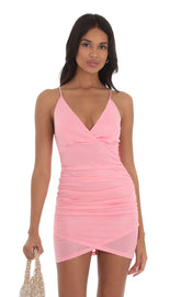 Shimmer Ruched Cross-Back Dress in Pink