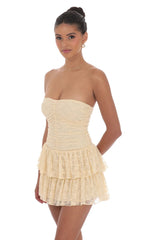Lace Strapless Ruched Ruffle Dress in Beige