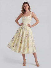 Retro Floral Bouquet Print Square Neck Midi Dress