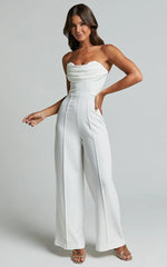 Stacey Jumpsuit - Strapless Cowl Wide Leg Jumpsuit in Off White