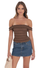 Ruffle Lace Off Shoulder Top in Brown