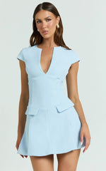 Darius Mini Dress - Cap Sleeve Slit Neck Fit And Flare Dress in Powder Blue