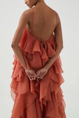 Caysie Halter Floral Ruffle Layered Maxi Dress - Orange