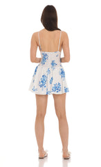 Blue Floral Smocked Ruffle Dress in White