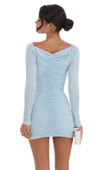 Ruched Long Sleeve Bodycon Dress in Light Blue