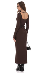 Cinch-Tie Ribbed Maxi Dress in Brown