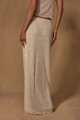 Malita Cream Crochet Sequin Low-Rise Maxi Skirt