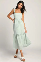 Dreamiest Darling Mint Smocked Tie-Back Tiered Midi Dress