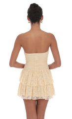 Lace Strapless Ruched Ruffle Dress in Beige