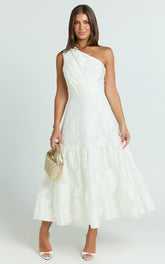 Nadette Midi Dress One Shoulder Pleated Tiered Dress in White