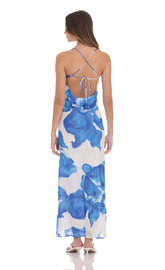 Floral Open Back Maxi Dress in White & Blue