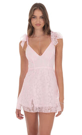 Motif Shoulder Tie A-line Dress in Pink