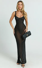 Laney Maxi Dress - Mesh Sweetheart Neck Bodycon Dress in Black