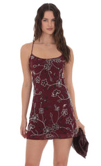 Floral Beaded Sequin Open Back Dress in Burgundy