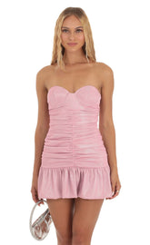 Shimmer Strapless Ruched Dress in Pink