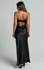 Strapless Cowl Back Satin Dress in Black
