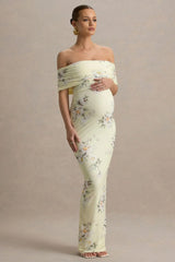 Cindy | Lemon Floral Bouquet Print Bardot-Neck Maternity Maxi Dress With Ruched Detail