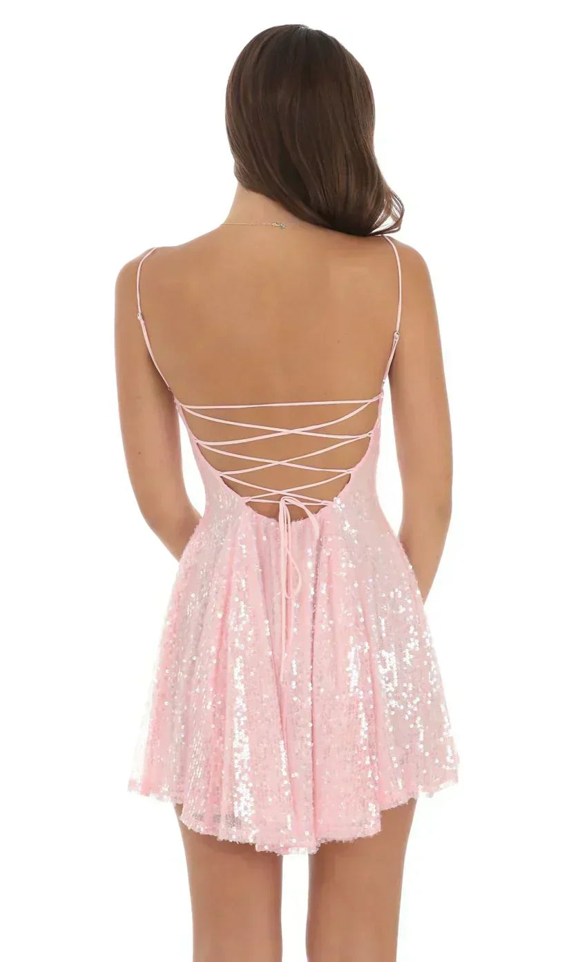 Iridescent Sequin Fit and Flare Dress in Pink