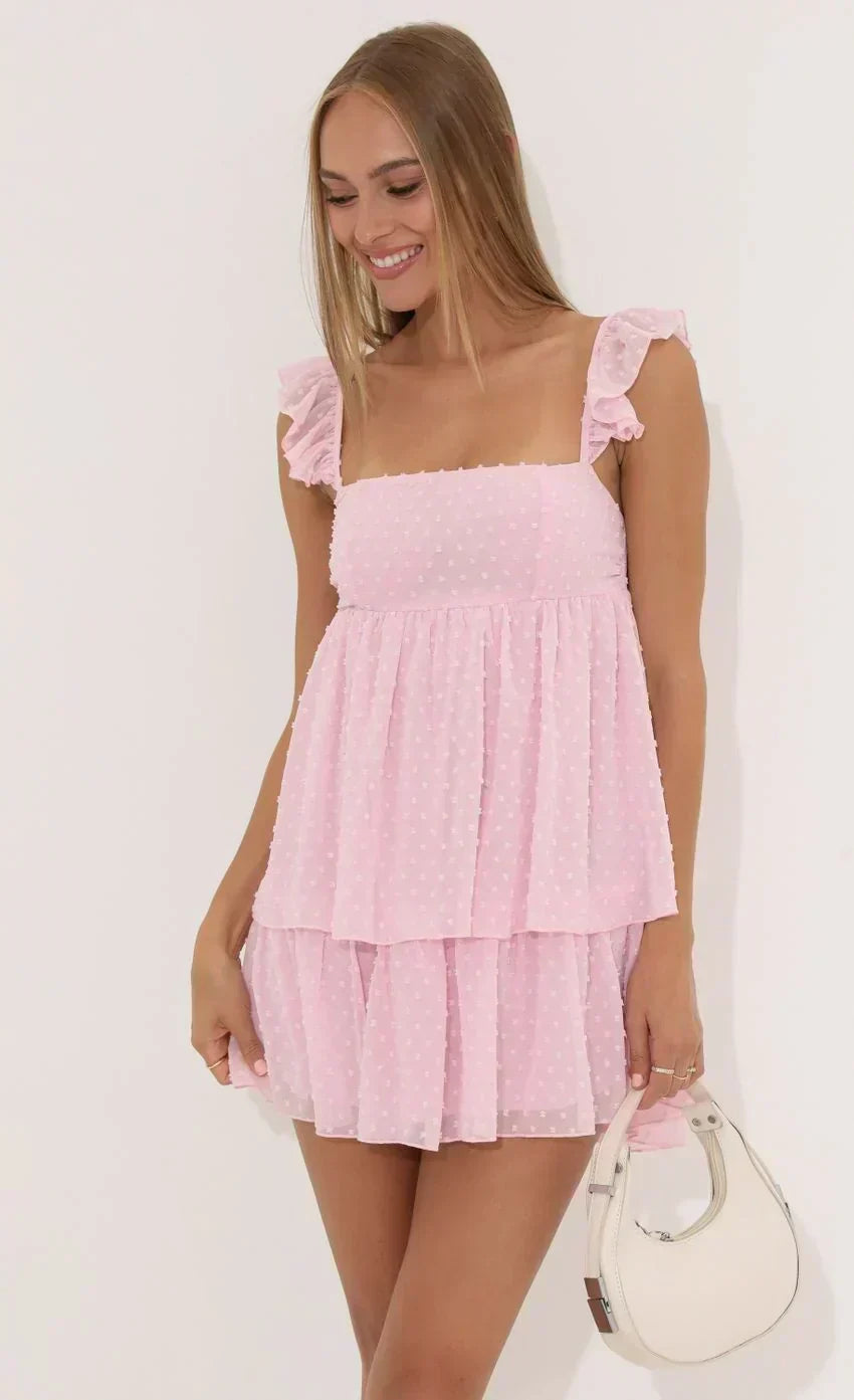 Dotted Chiffon Ruffle Dress In Pink