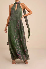 Calixta Green Abstract Chiffon Sash Shift Maxi Dress