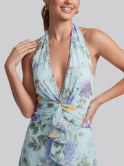 Romantic Backless Floral Printed Halter Mini Dress