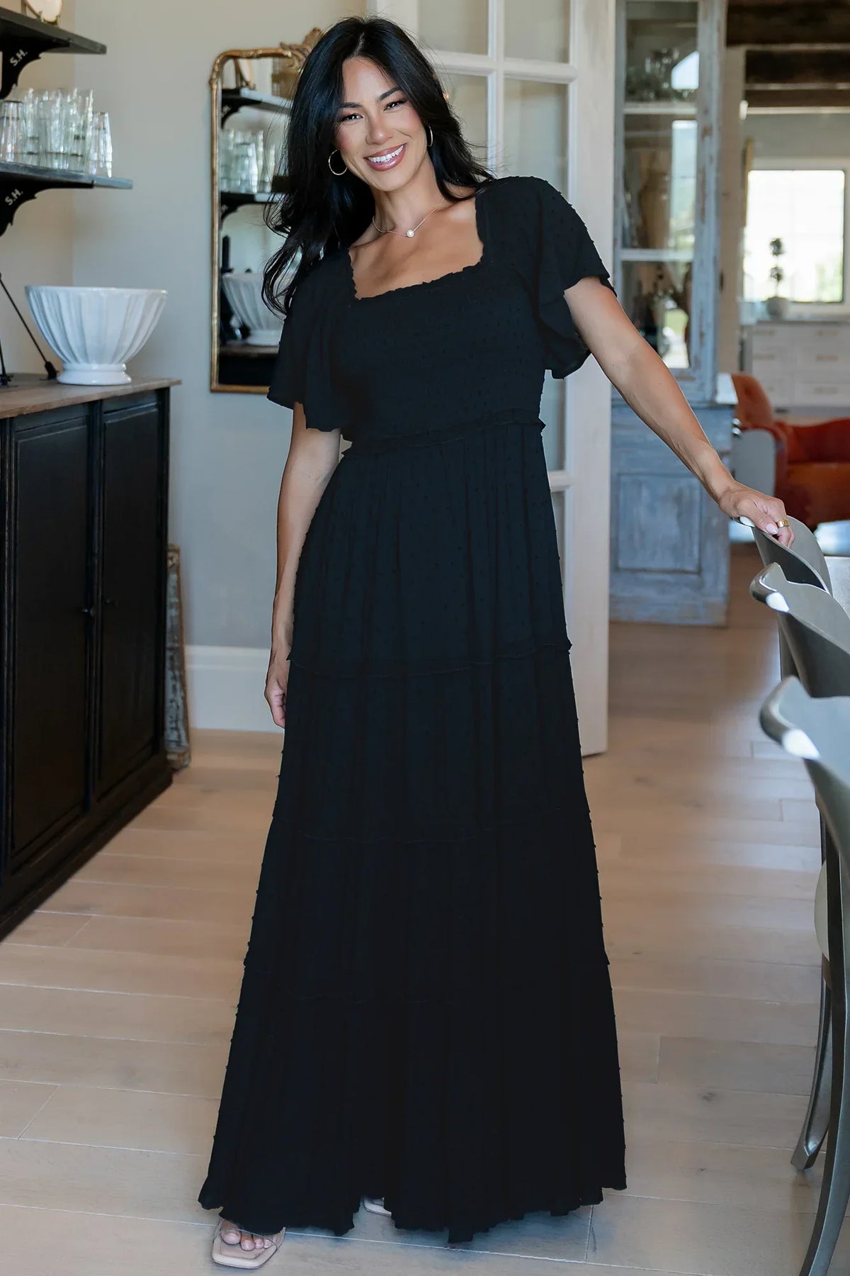 Lenora Smocked Dotted Maxi Dress | Black