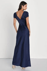 Epitome of Romance Navy Blue Satin Puff Sleeve Maxi Dress