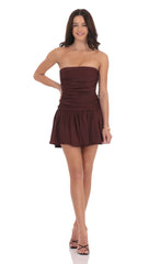 Strapless Ruched Flare Dress in Brown