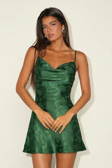 Close to Your Heart Emerald Green Satin Jacquard Cowl Slip Dress