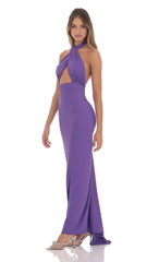 Front Cross Halter Maxi Dress in Purple