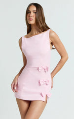 Arna Mini Dress - High Neck Fitted Bow Detail Leg Split Fitted Dress in Pink