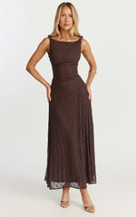 Abby Midi Dress - High Neck Asym Detail Dress in Chocolate