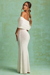 Bouclé Off-Shoulder Maxi Dress in White