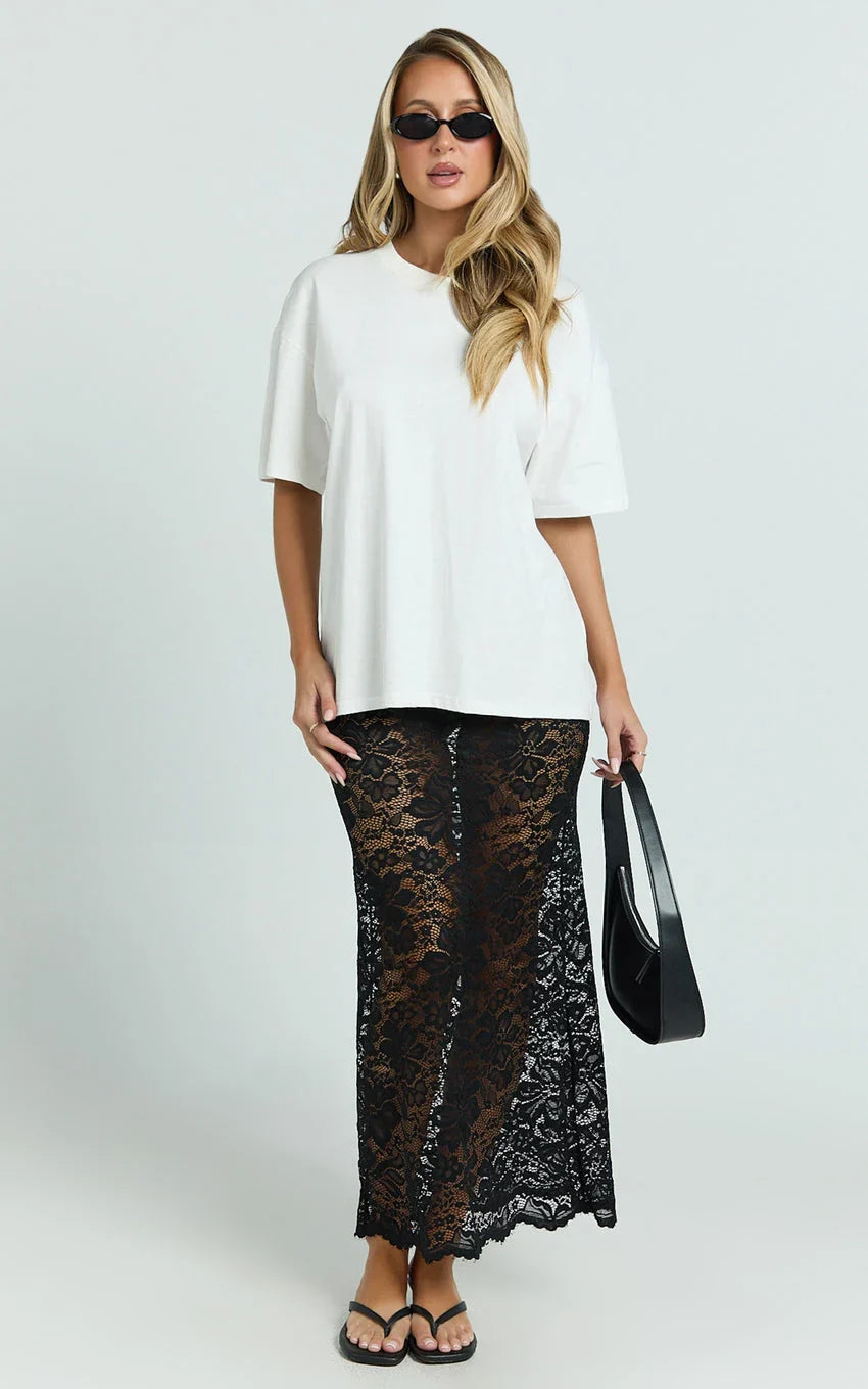 Dahlia Midi Skirt - Lace Skirt in Black