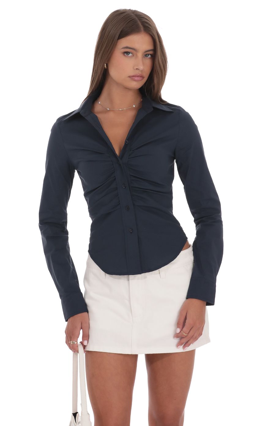 Ruched Button-Up Shirt in Navy