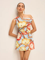 Asymmetric Neck Belted Print Dress