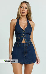 Walton Skort - Mid Waisted Recycled Denim Skort in Indigo Wash