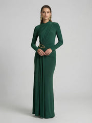 High-Neck Maxi Dress With Gathered-Detail