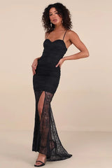 Hespera Black Lace Ruched Bustier Mermaid Maxi Dress