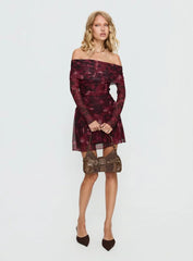 Marrissa Off Shoulder Long Sleeve Mini Dress Burgundy Floral