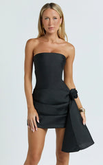 Ada Mini Dress - Strapless Rosette Draped Waist Dress in Black