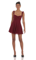 Lace Ruffle Strap A-Line Dress in Burgundy