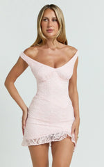 Judai Mini Dress - Lace Off Shoulder A Line Dress in Pink
