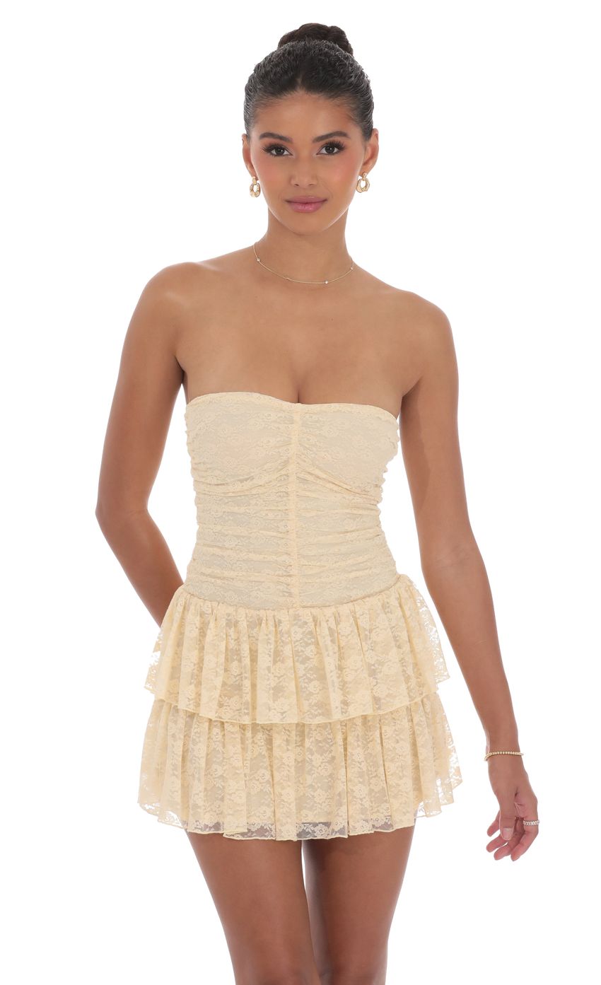 Lace Strapless Ruched Ruffle Dress in Beige