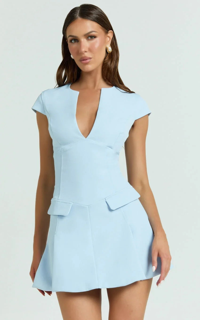 Darius Mini Dress - Cap Sleeve Slit Neck Fit And Flare Dress in Powder Blue