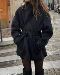 Fashion High Neck With Belt Woolen Overcoats