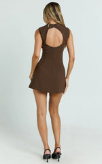 Langley Mini Dress - Sleeveless High Neck Faux Wrap Tulip Dress in Brown